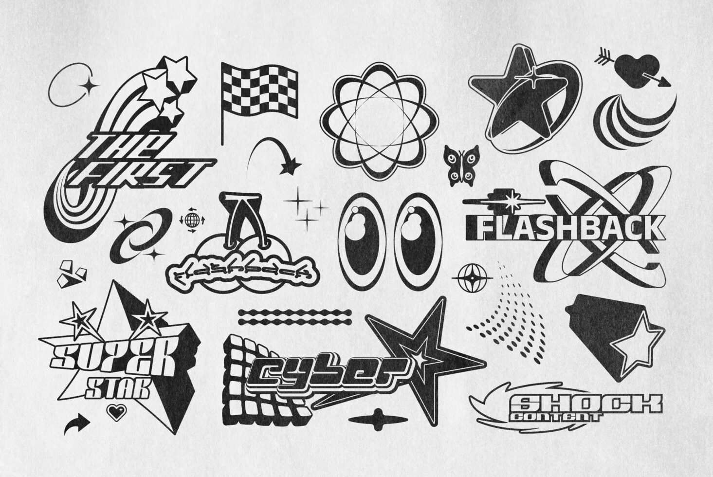 Collection of retro graphic elements for designers featuring bold text, stars, arrows, and abstract shapes. Ideal for creative templates and mockups.