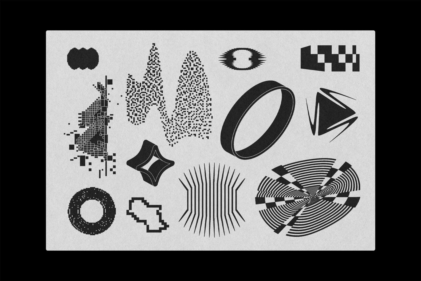 Wavy shapes collection, pixelated forms, radiating lines, abstract elements