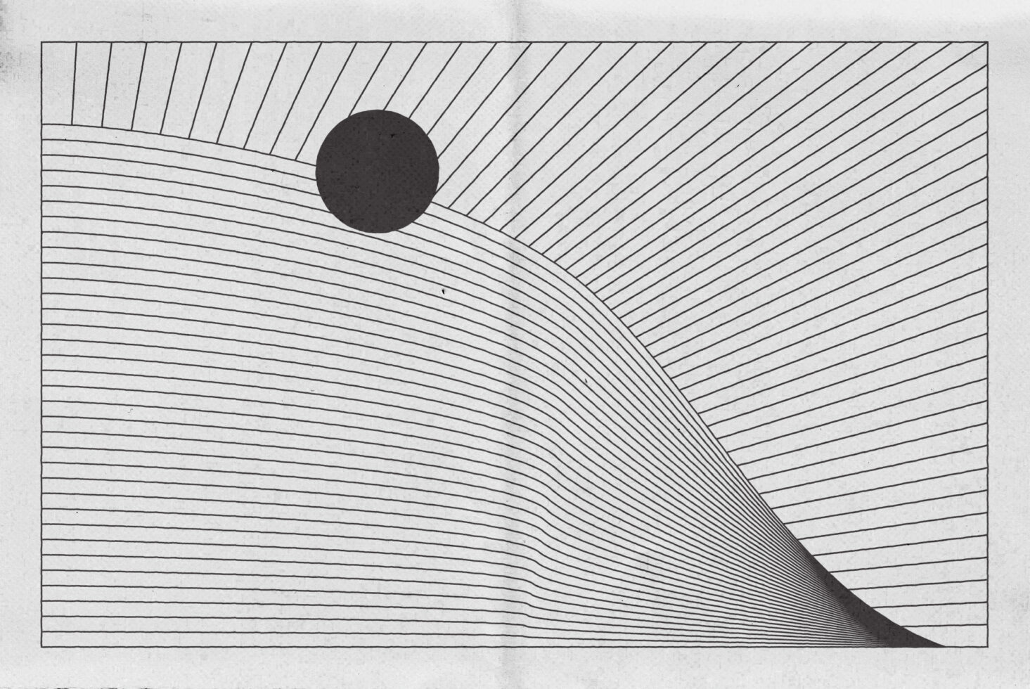Abstract graphic illustration featuring curved lines and a black circle on a textured background ideal for designers looking for creative templates and patterns.