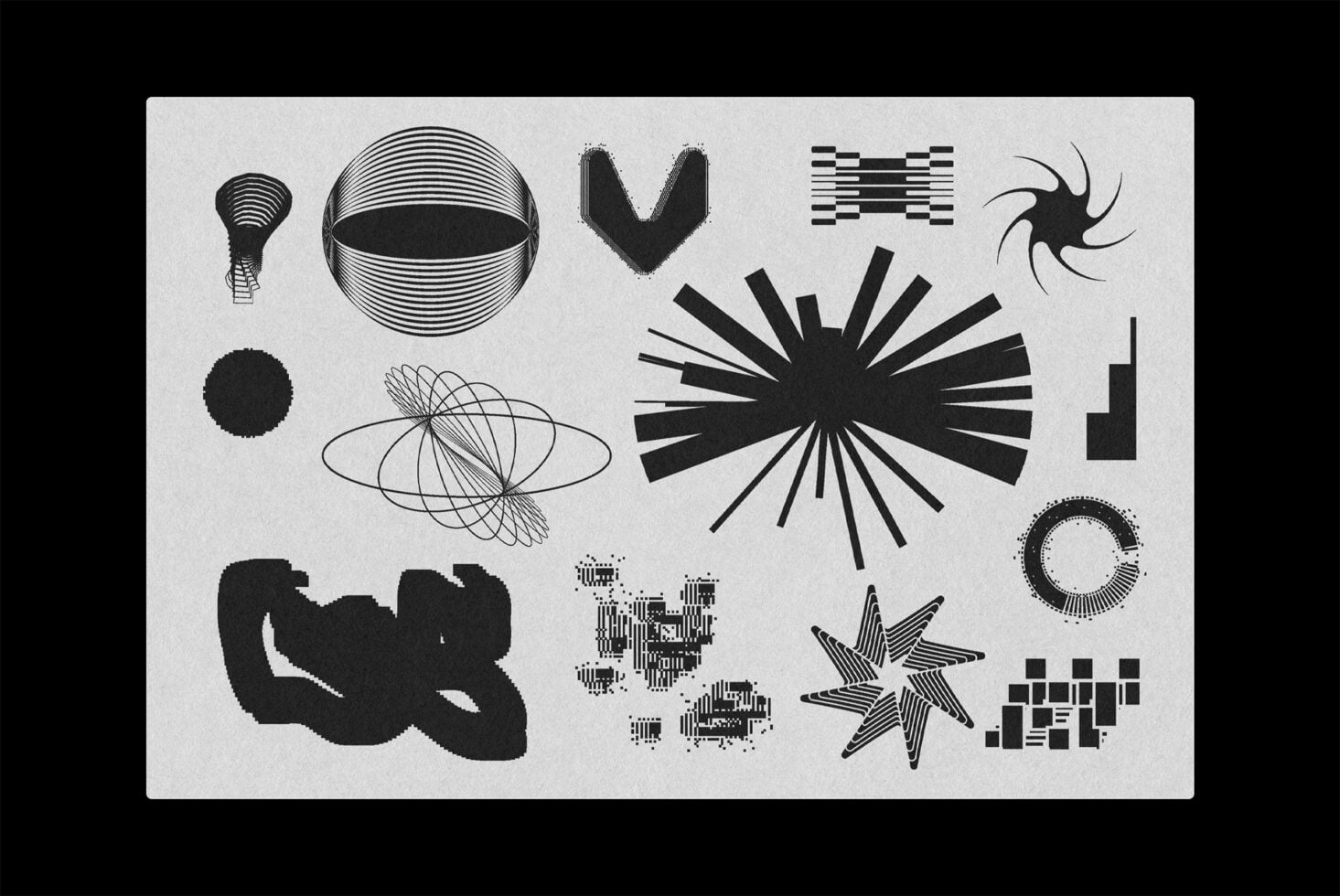 Retro shape pack with spheres, bursts, abstract forms, experimental designs