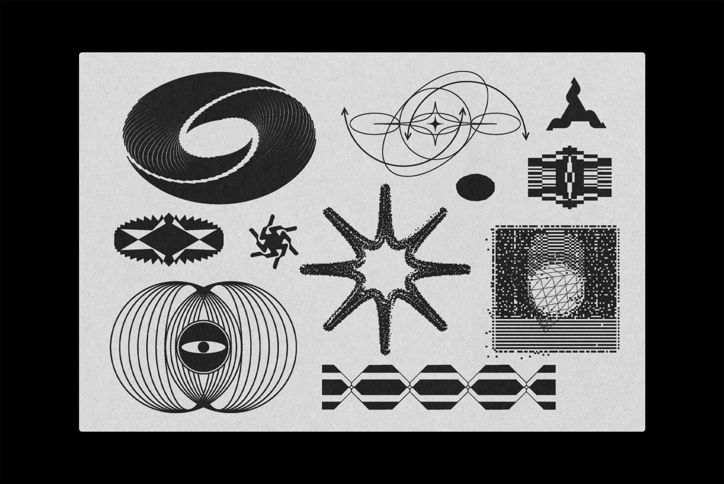 Geometric shapes library with ovals, stars, circular patterns, symbols