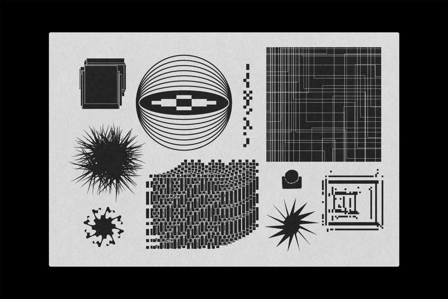Collection of retro shapes, spheres, spikes, grids, pixelated elements