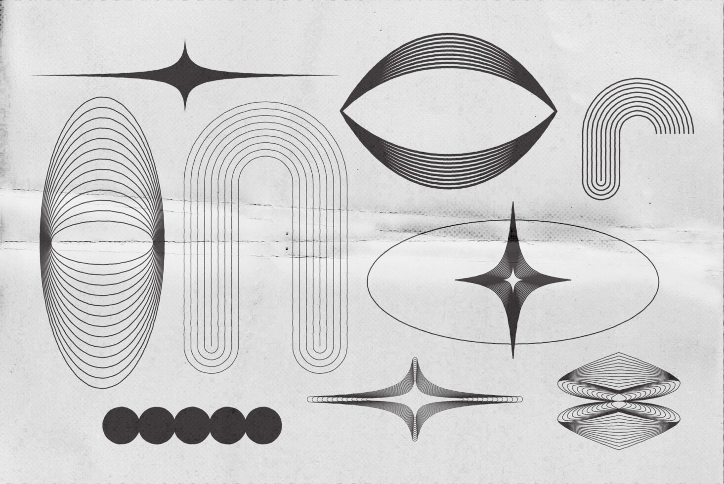 Abstract geometric line art with retro shapes and patterns in black and white. Suitable for graphic design assets, vector templates, digital illustrations.