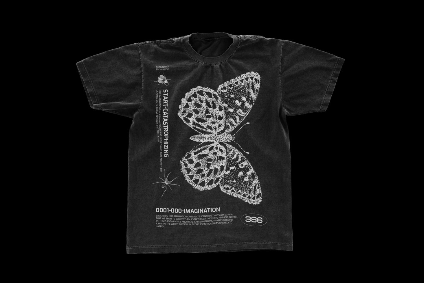 Washed-out black tee with intricate butterfly illustration centered on chest against dark background