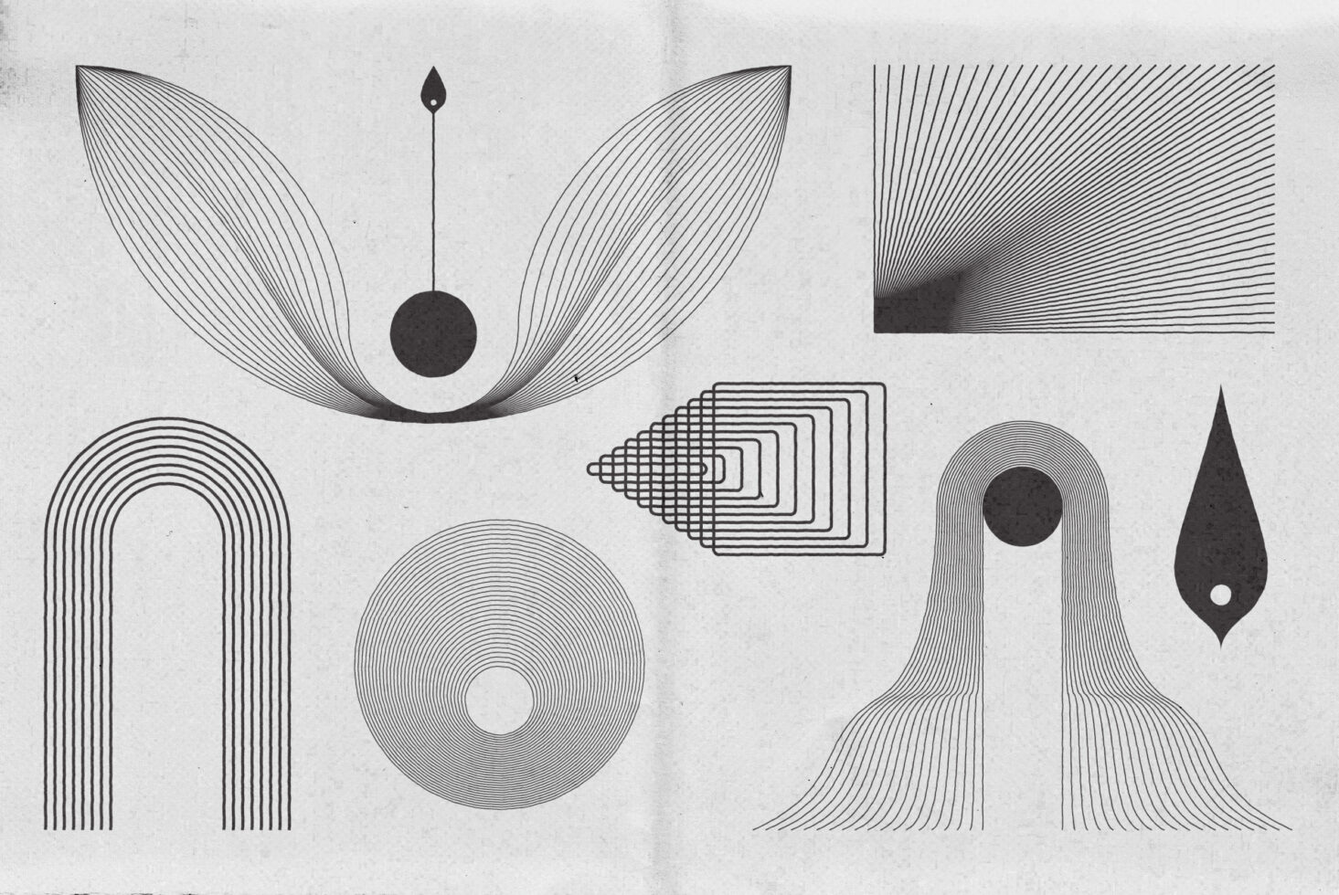 Abstract geometric line art featuring retro patterns. Perfect for graphics and templates. Ideal for designers seeking vintage or minimalist digital assets.