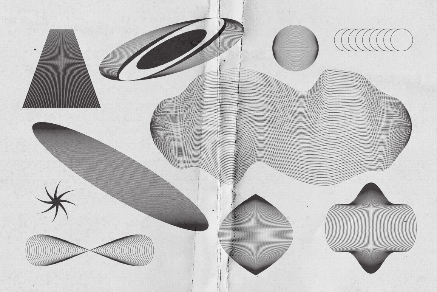Abstract line art shapes on textured background showcasing modern graphic design elements. Suitable for designers seeking unique digital graphics assets.