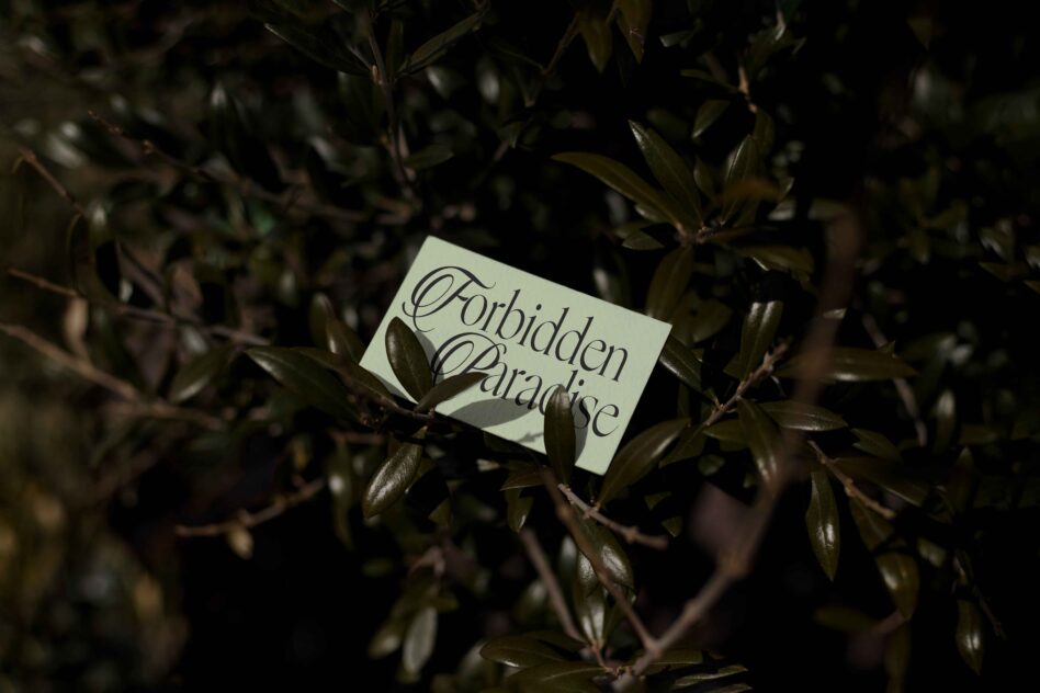 Pale card with dark script lettering tucked into small green leaves