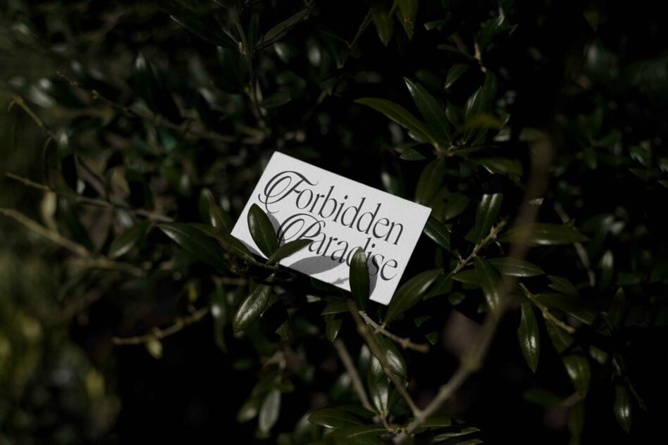 White business card featuring serif text among dense dark foliage