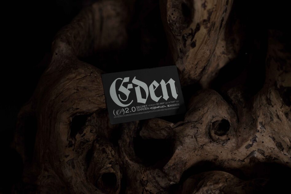 Dark business card with Eden logo resting on gnarled wood texture, low light