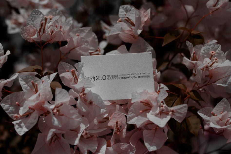 White business card displaying Secret Garden 2.0 text among mauve blooms