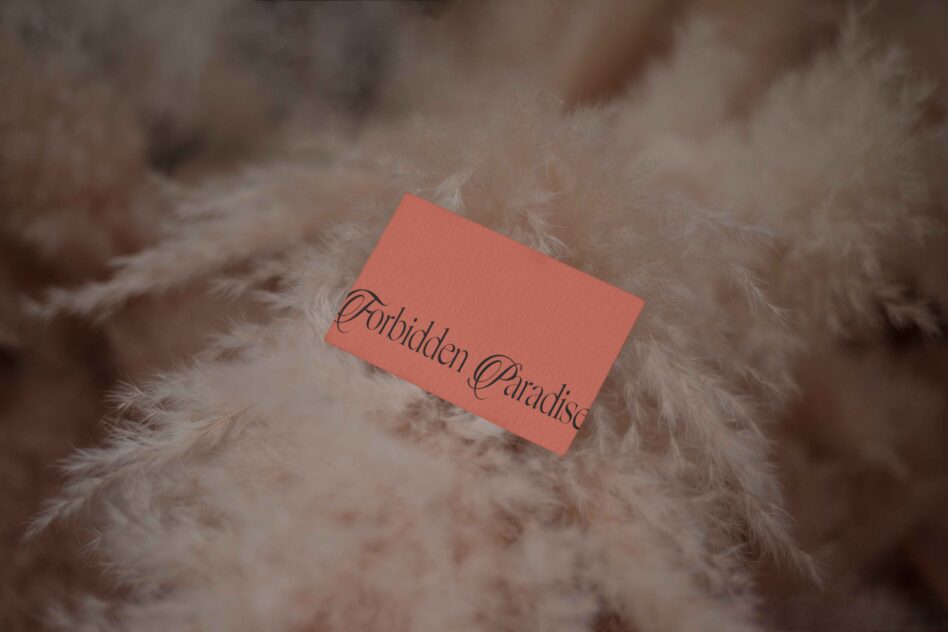 Coral-colored business card with Forbidden Paradise script on beige fur background