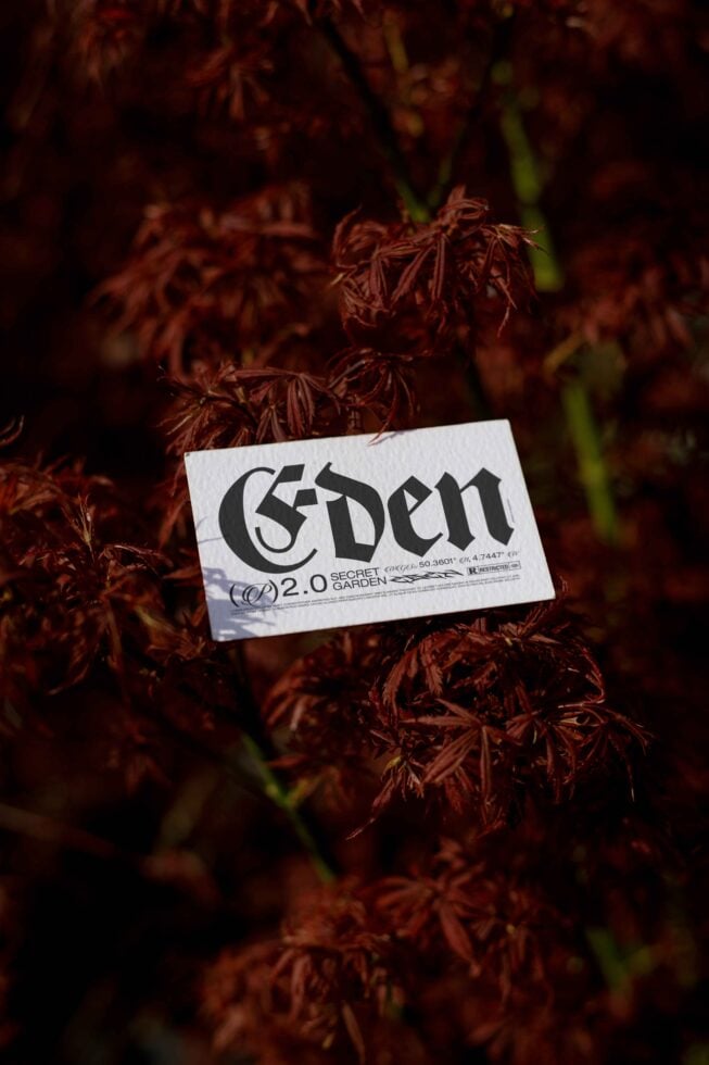 White business card with 'Eden' design resting on deep burgundy plant leaves
