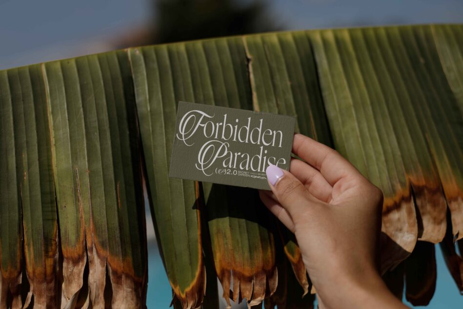 A hand holding a business card with elegant font Forbidden Paradise against large tropical leaves ideal for designers seeking unique typography graphics.