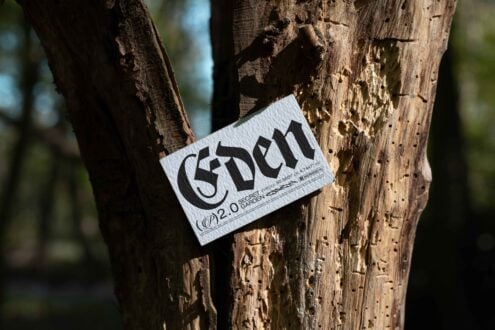 Textured paper card mockup displaying stylized Gothic font reading Eden against rustic tree bark in forest setting. Ideal for typography and design projects.