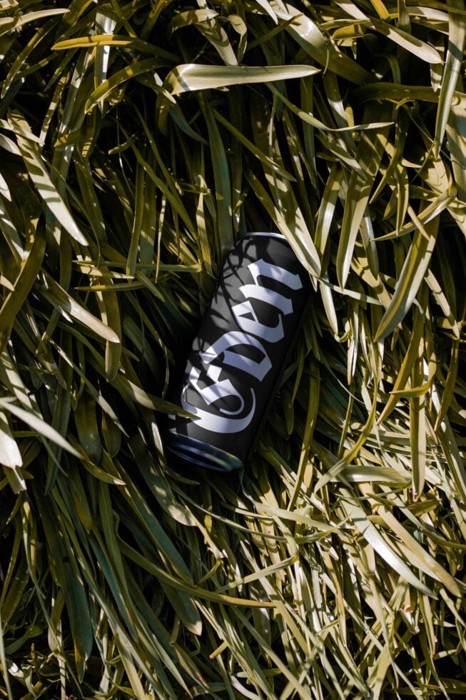 Dark can with white striped logo resting in dried golden grass