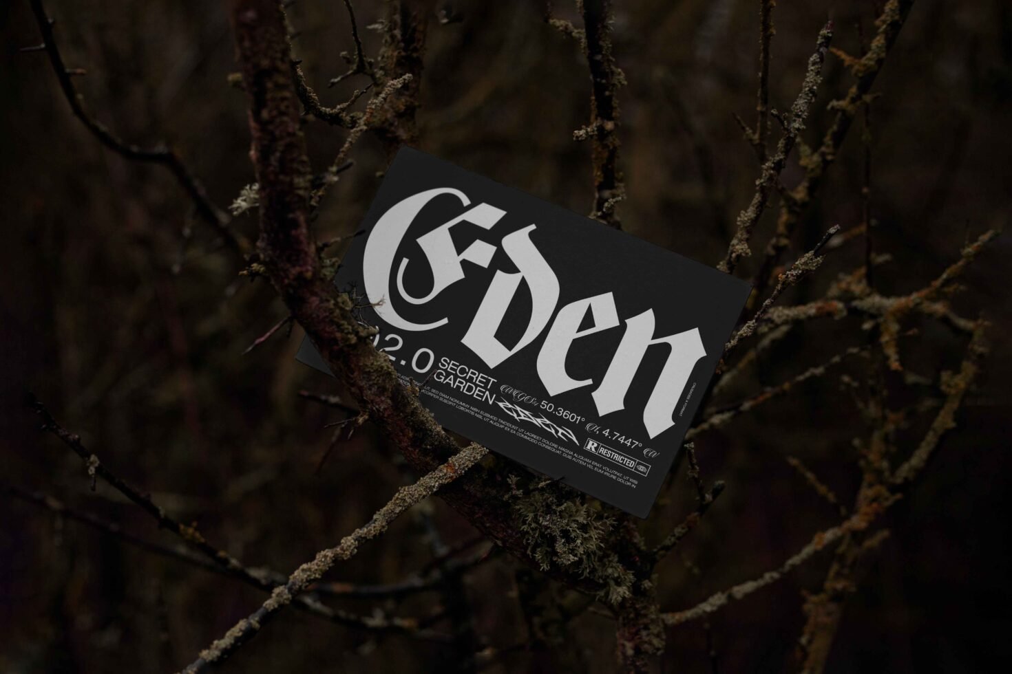 Dark forest poster mockup displaying bold gothic font design. Perfect for designers in need of unique typography and atmospheric graphics.