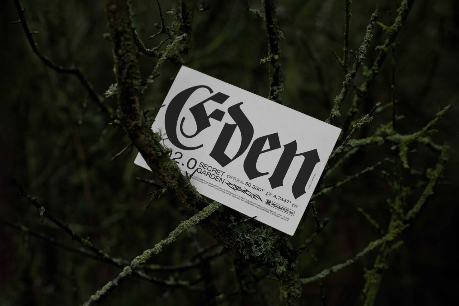 Gothic typography poster with Eden text is displayed on mossy tree branches in a forest setting ideal for designers seeking unique font inspiration mockups