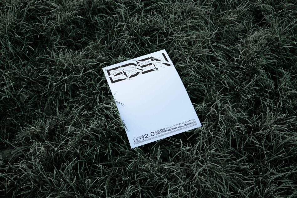 White paper with geometric logo layout sitting on dried grass field