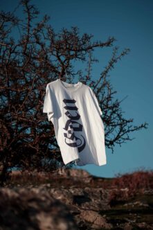 White tee with striped geometric print hung on bare branches against blue sky