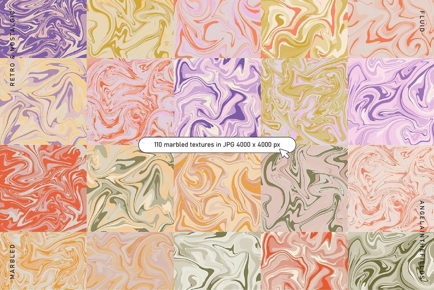 Colorful marbled texture collection featuring 110 JPG files at 4000x4000px. Perfect for digital designers seeking retro fluid graphic backgrounds.