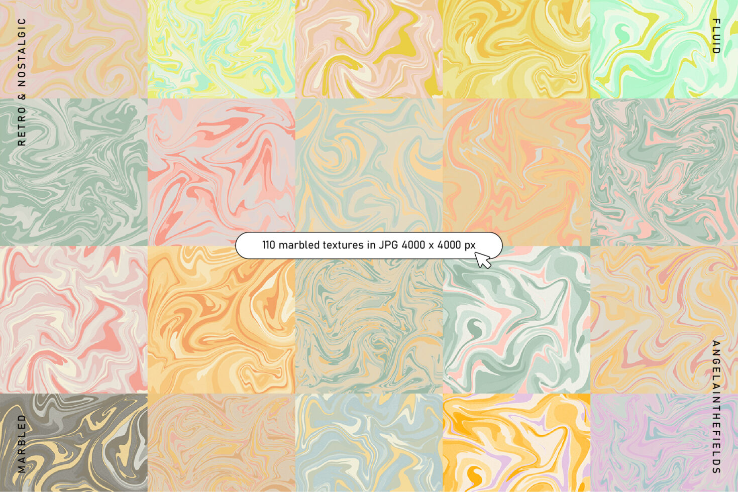 Colorful marbled texture pack with 110 high-resolution JPGs 4000x4000 suitable for designers seeking retro-inspired graphic backgrounds and templates.