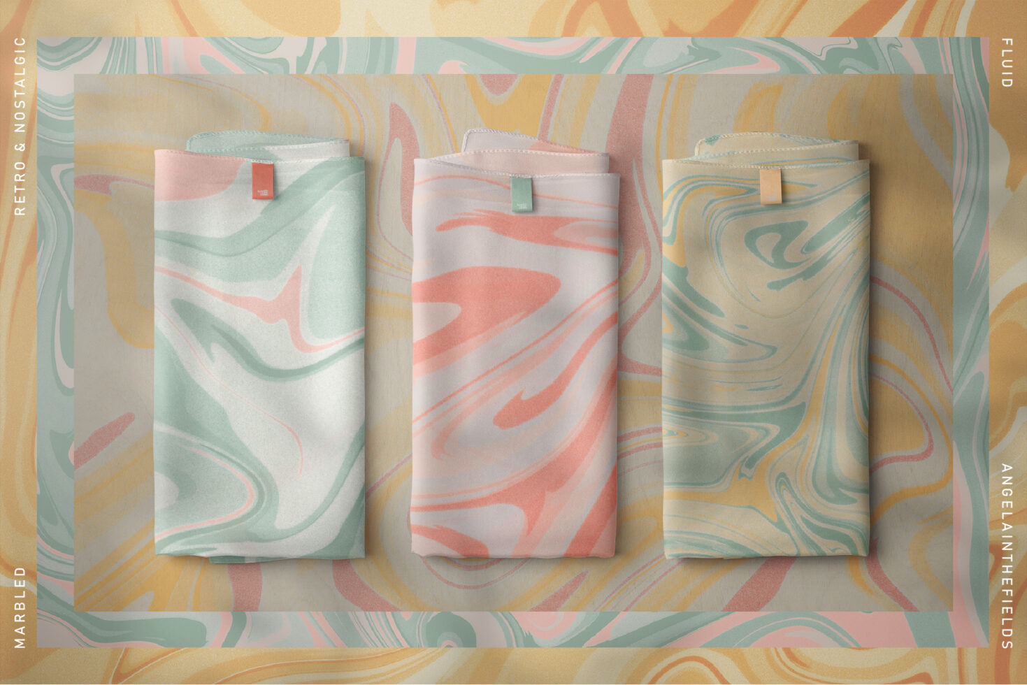 Marble design fabric mockup with fluid retro patterns in pastel tones. Ideal for designers creating nostalgic graphics and textile templates.