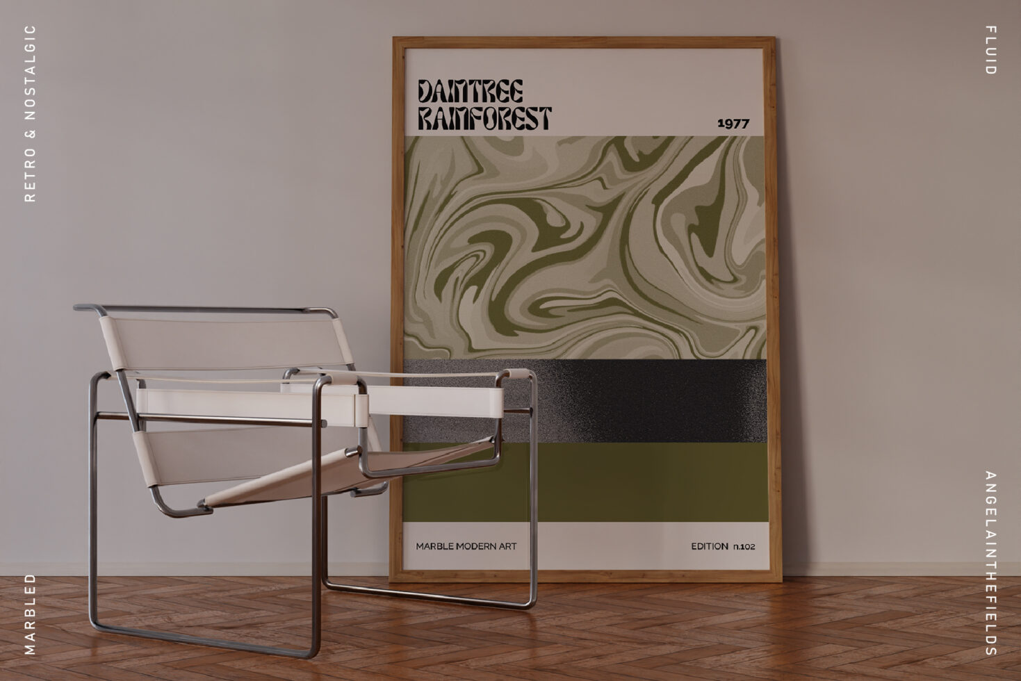 Modern interior scene featuring a framed abstract art print with marbled design alongside a minimalist chair. Perfect for designers needing inspiration.