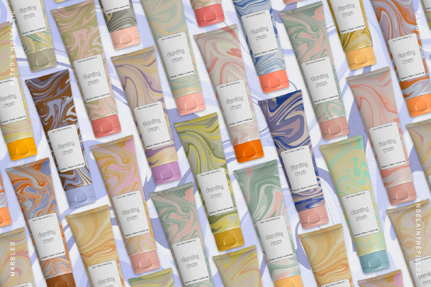 Colorful marbled cosmetic tube mockups arranged diagonally on a textured surface. Ideal for designers seeking unique patterns and modern packaging templates.