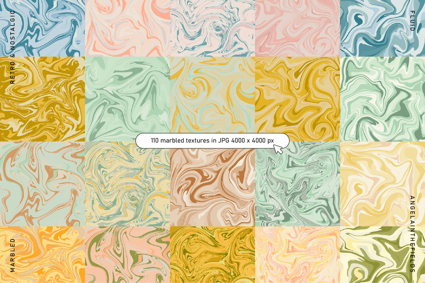 Colorful marbled textures collage featuring 110 high-resolution JPGs 4000x4000 px ideal for designers seeking unique digital graphics for projects.