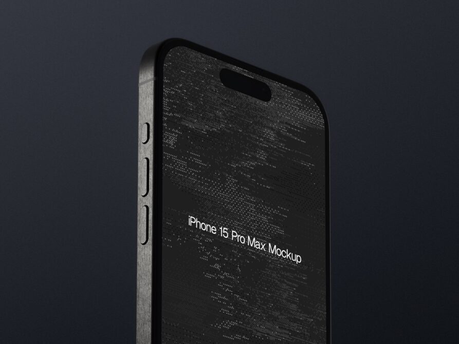 iPhone 15 Pro Max mockup angled view with code pattern on dark screen