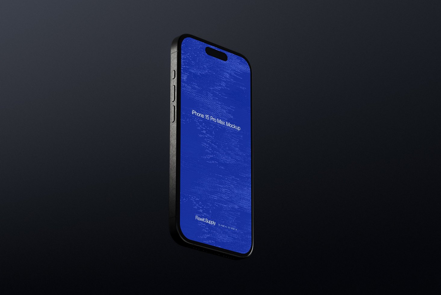 iPhone 15 Pro Max mockup with blue screen on dark background perfect for design presentations showcasing apps and digital assets for designers