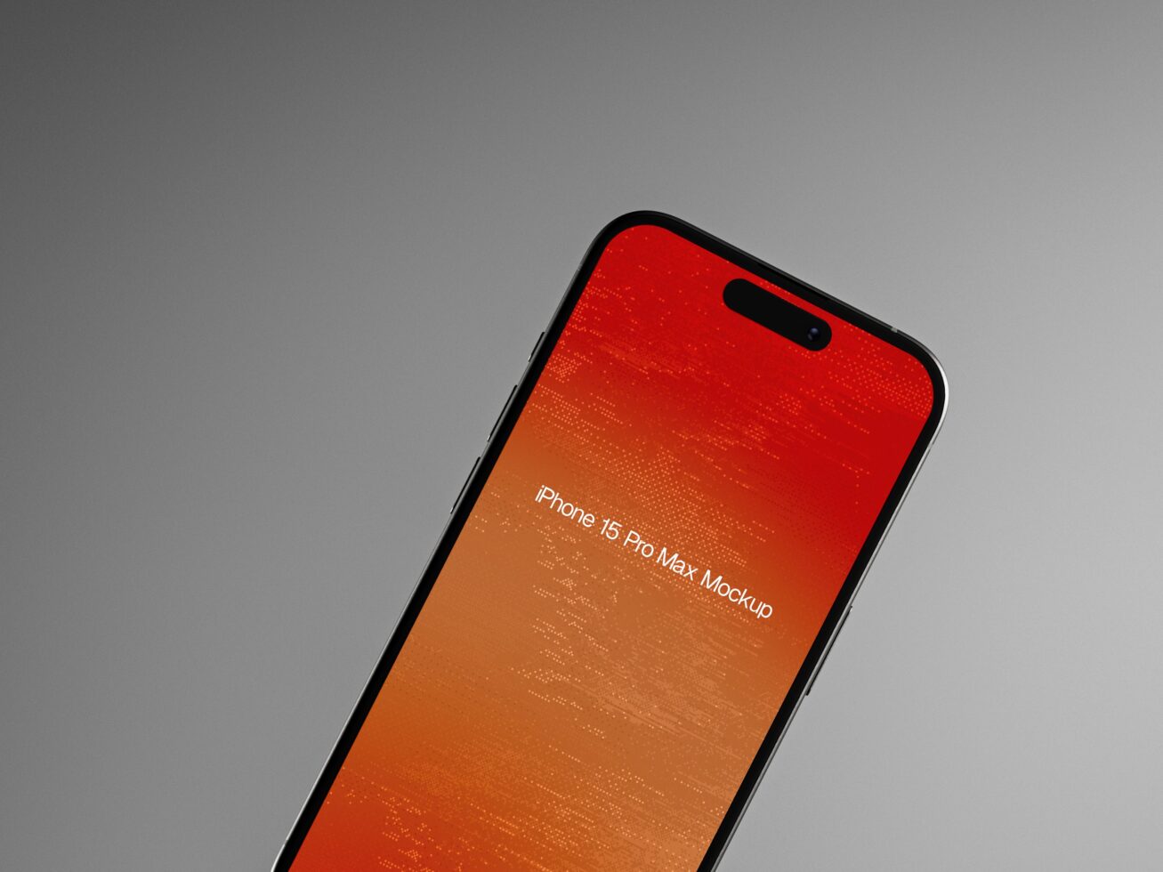iPhone 15 Pro Max Mockup with vibrant orange background on a tilted screen. Perfect for designers needing realistic device mockups. High quality graphic.