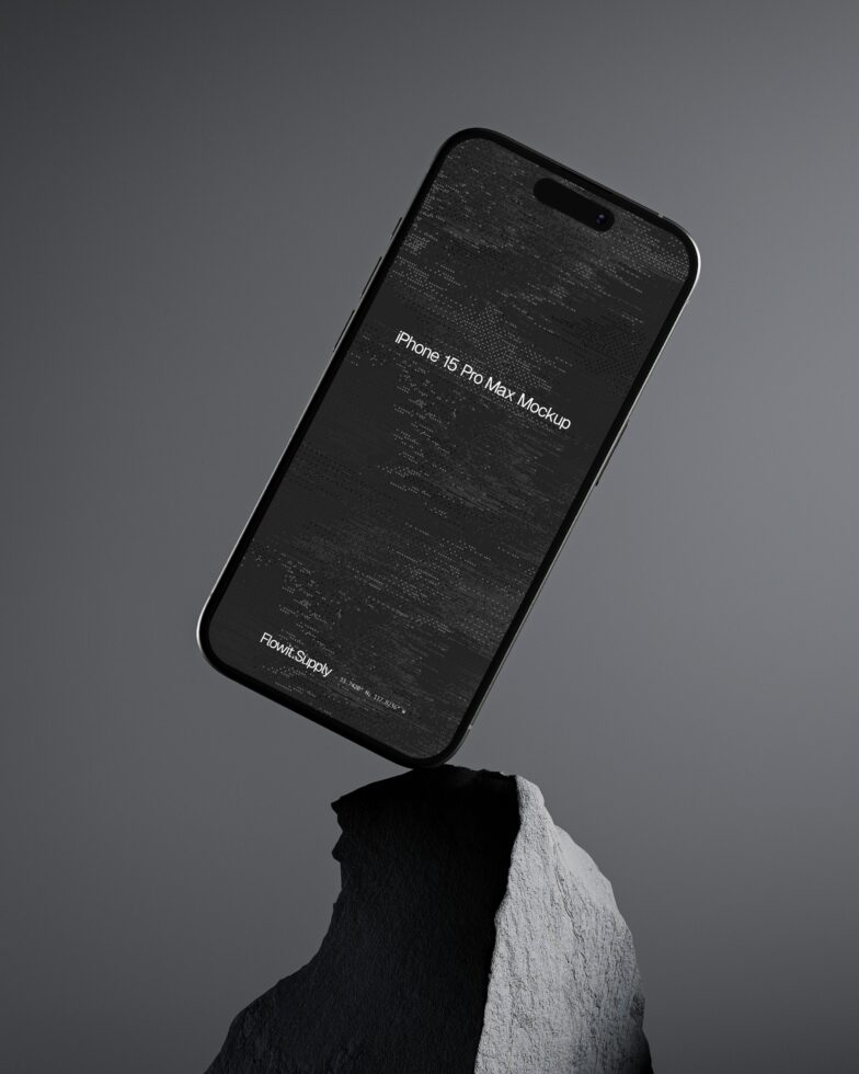 iPhone 15 Pro Max mockup featuring sleek design displayed on a rock against a dark background perfect for showcasing apps or interfaces digital assets