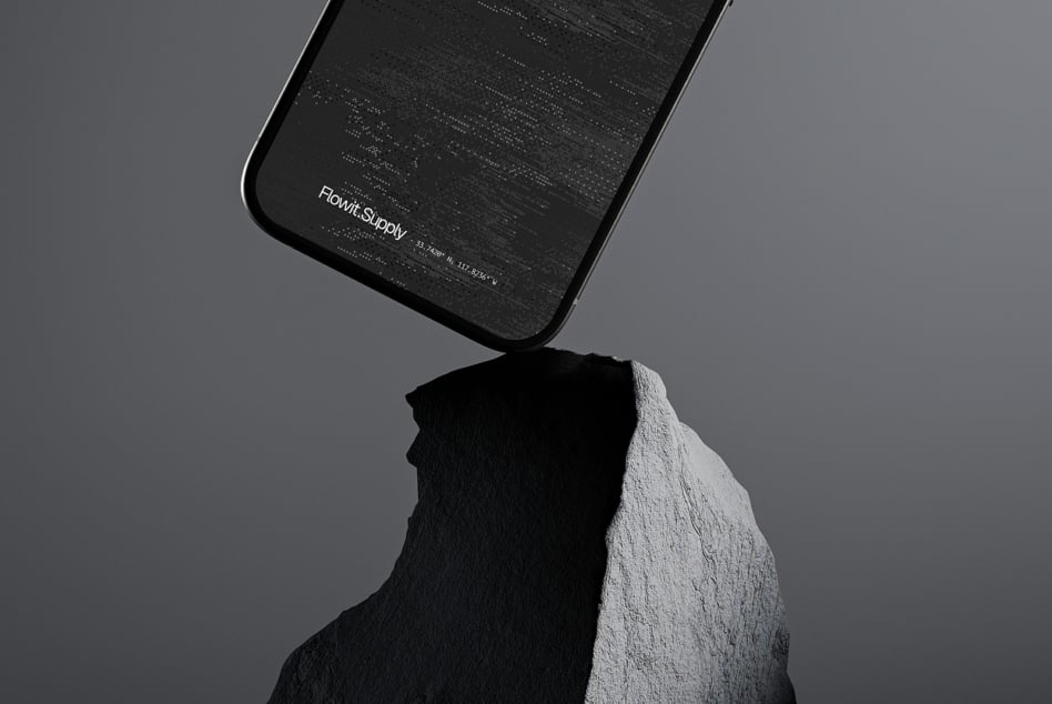 Minimalistic phone mockup balancing on a textured rock with dark theme. Ideal for showcasing app UI, product design, graphic assets. Designers resource.