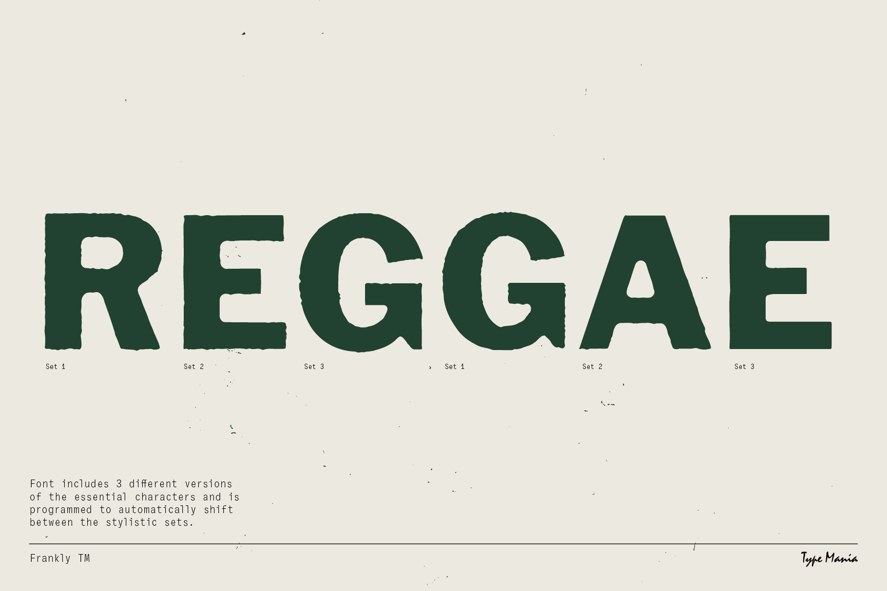 Bold vintage font design displaying the word reggae in large green letters. Includes three stylistic sets. Ideal for design templates graphics.