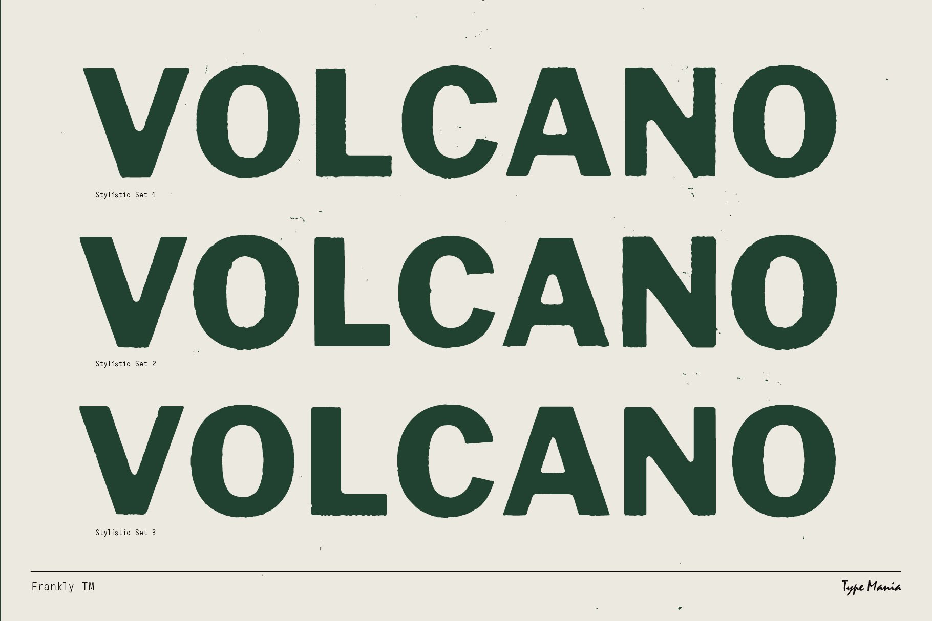 Font design featuring three stylistic sets of the word volcano in bold green letters on a light background ideal for digital design projects.