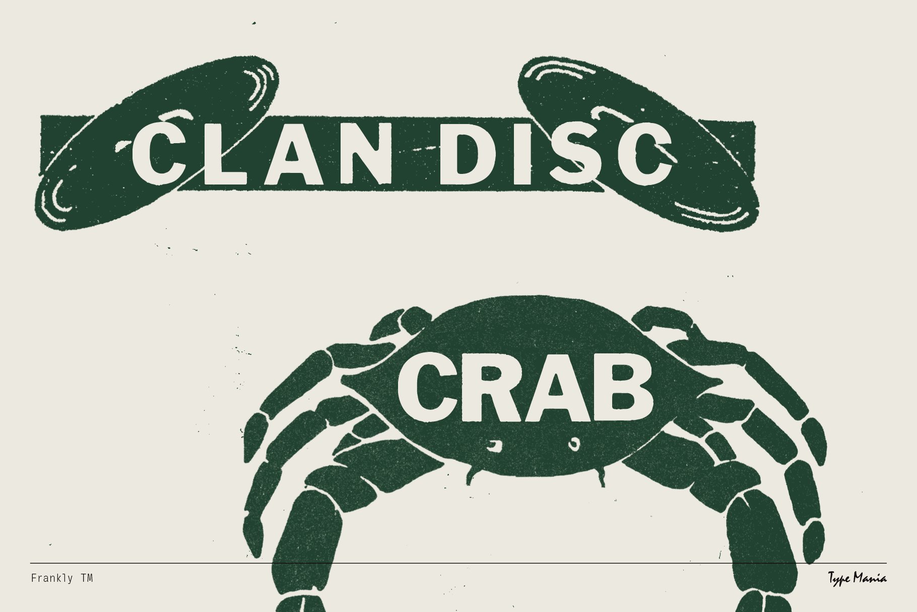 Retro style typeface design featuring the words Clan Disc and Crab with a vintage crab illustration. Perfect for graphics and typography projects.