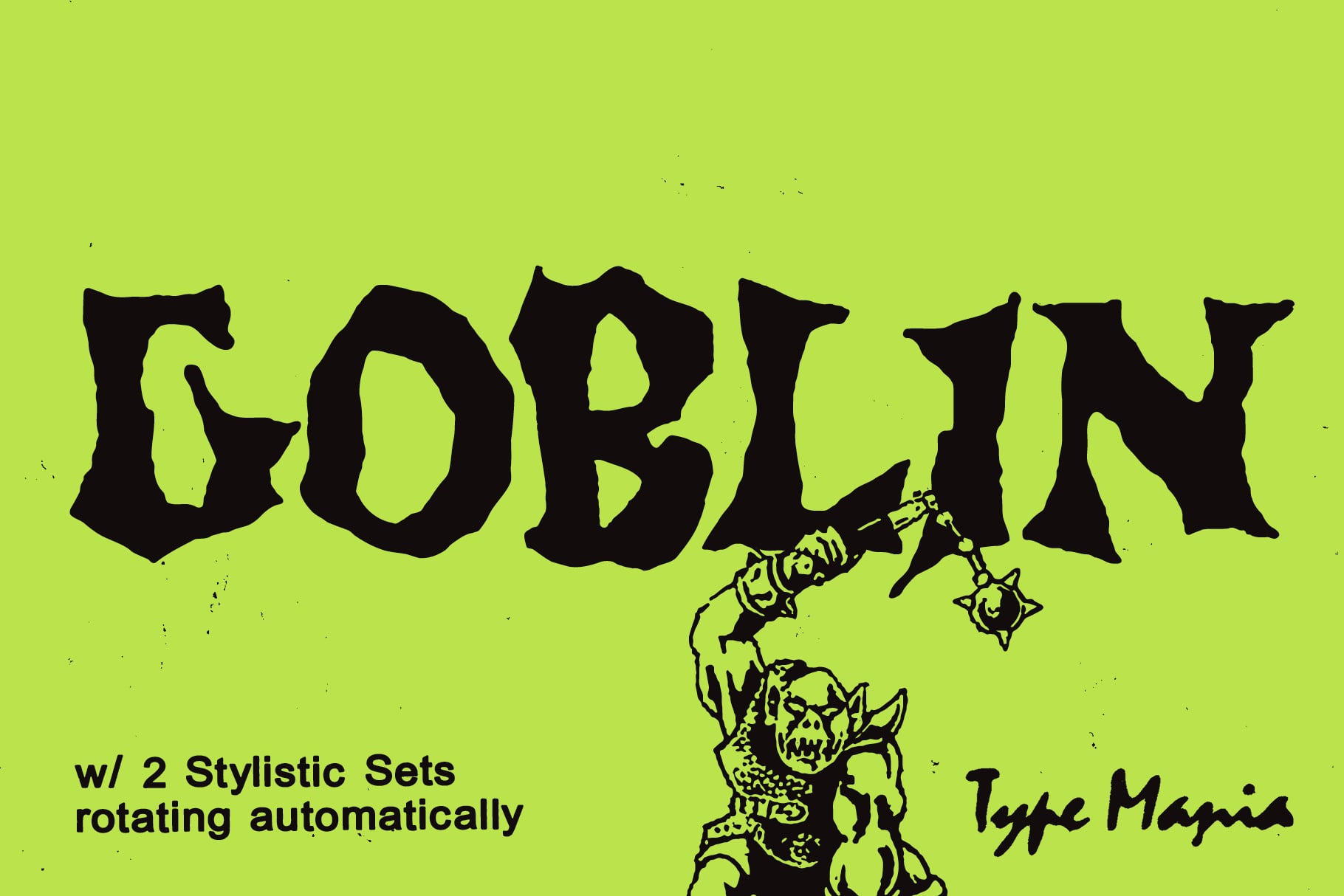 Goblin font with 2 automatic rotating stylistic sets on lime background