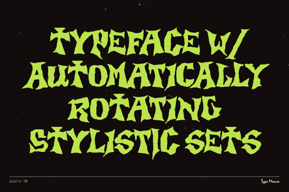 Typeface with automatically rotating stylistic sets shown in lime on dark