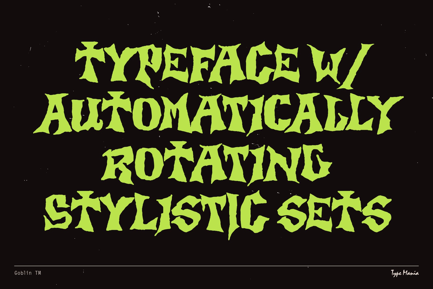 Typeface with automatically rotating stylistic sets shown in lime on dark