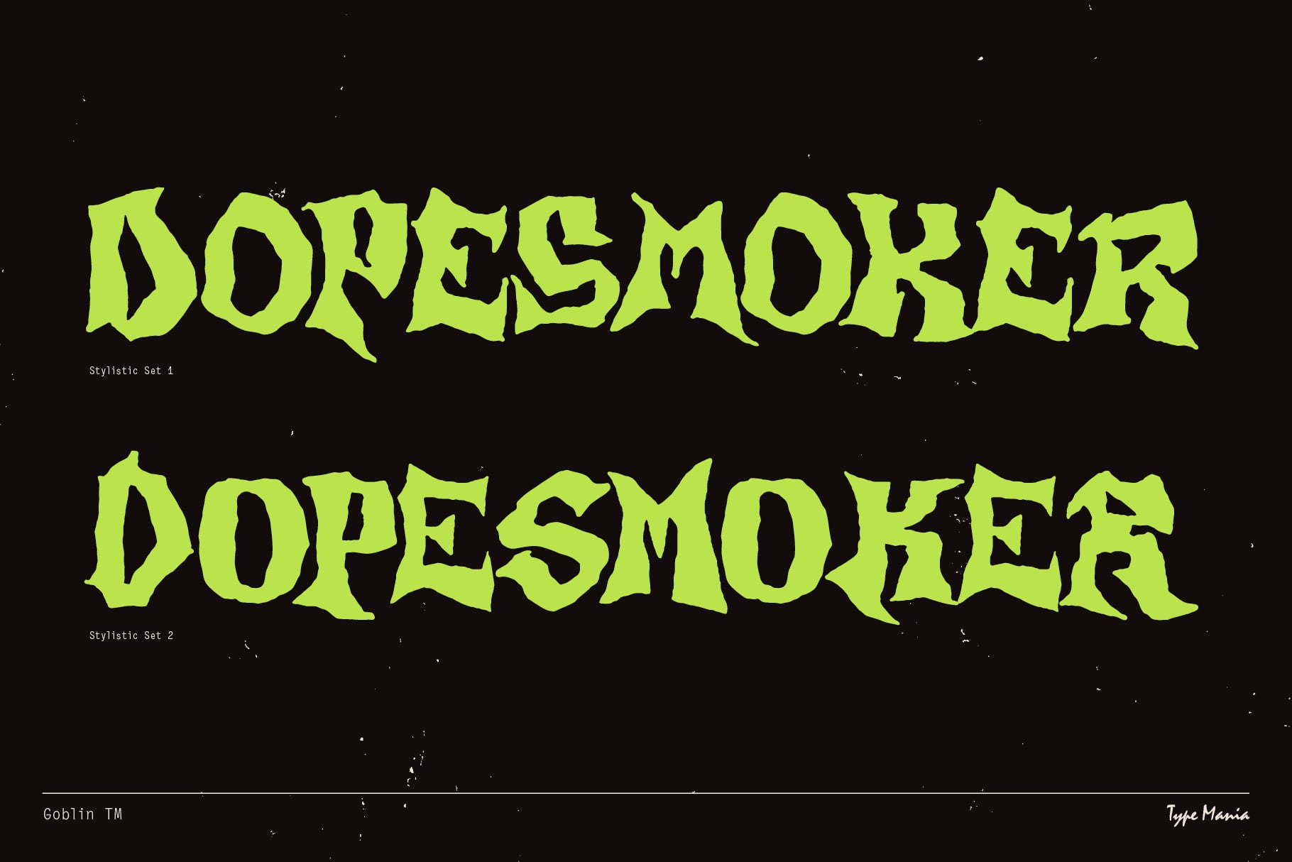 Goblin font showing Doresmoker in neon yellow on black with 2 stylistic sets