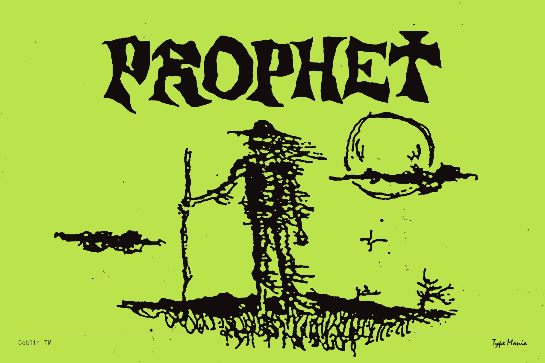 Prophet typeface with skeletal figure holding staff on lime green