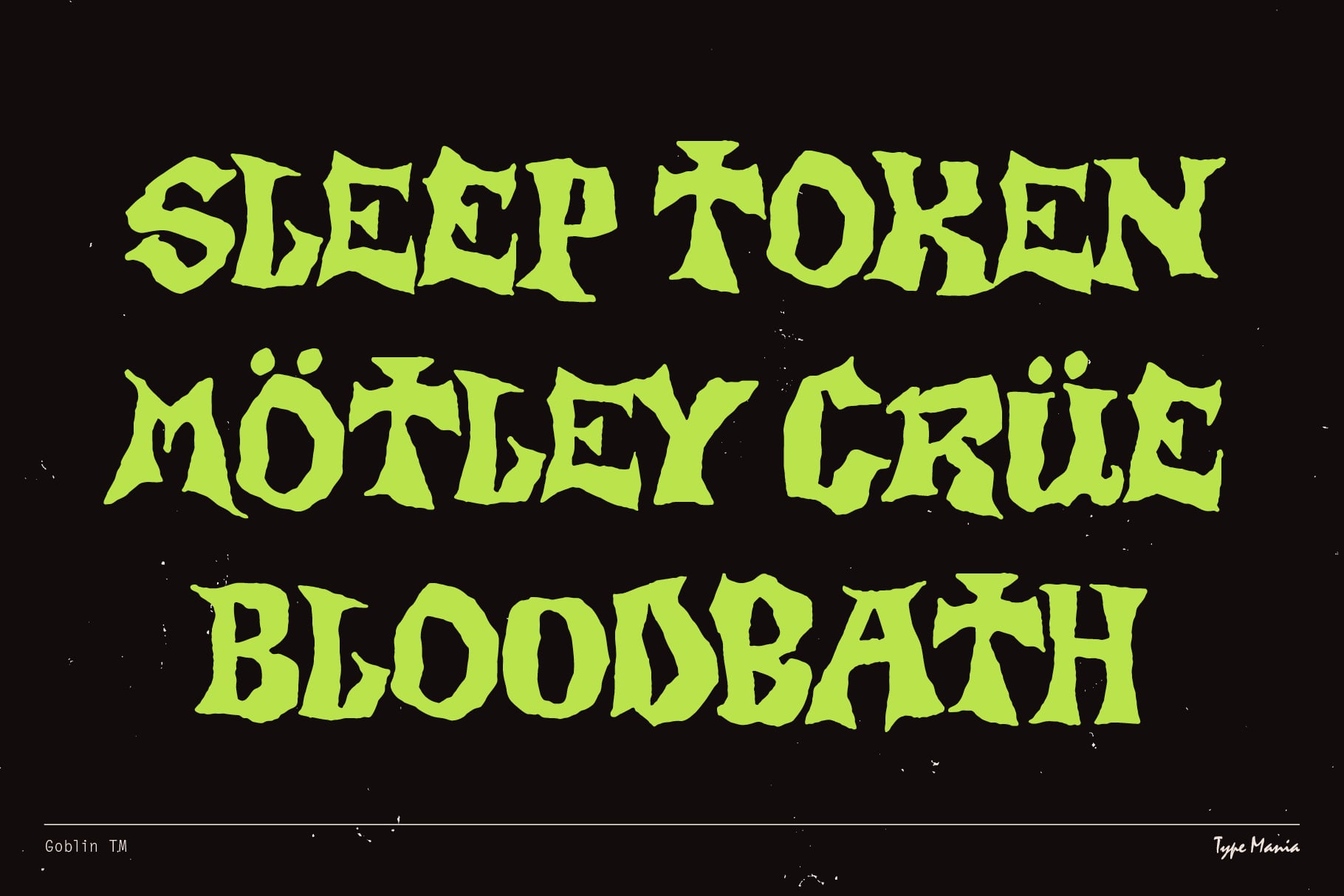 Metal band names in bright neon letters against dark background