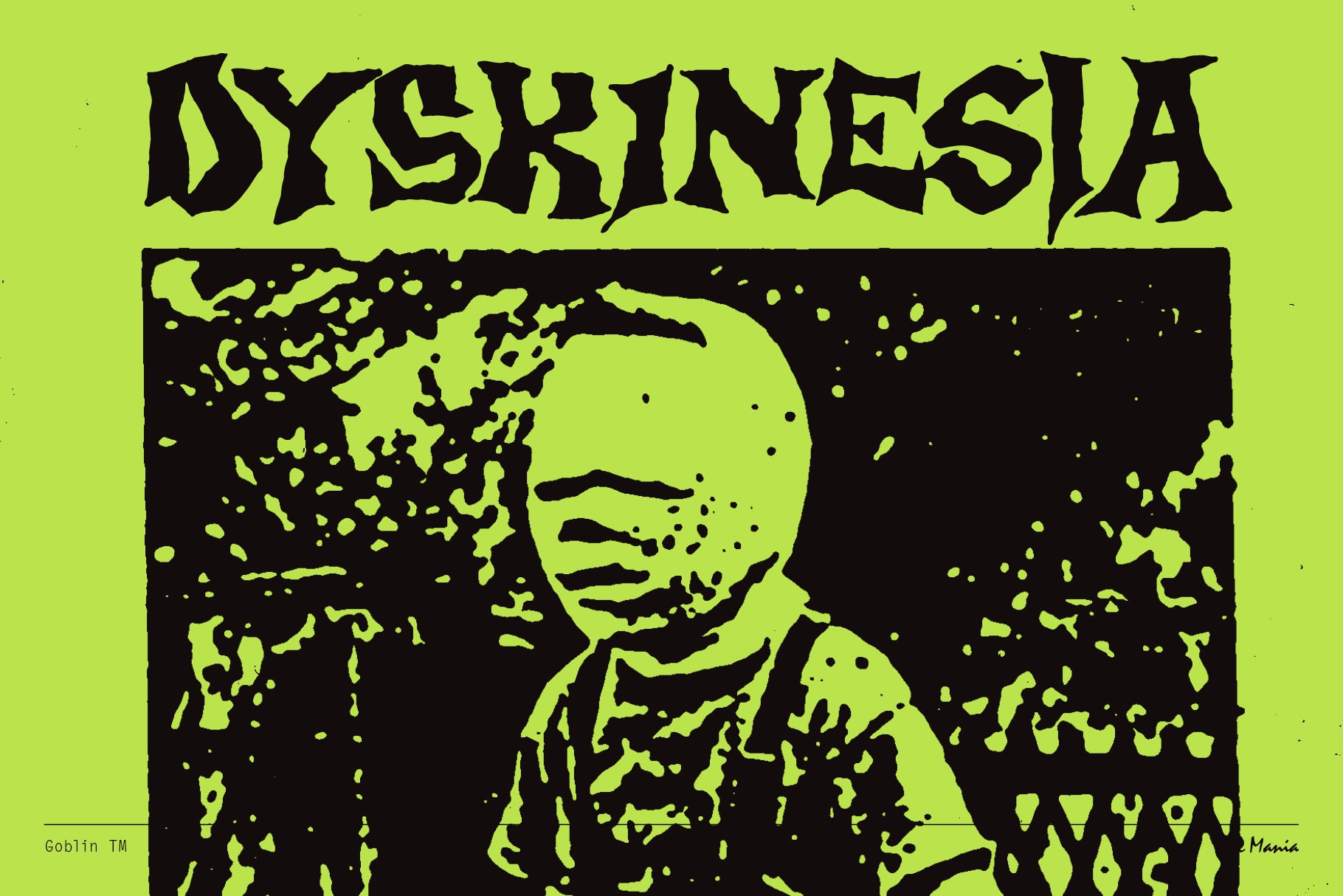 Dystopian title with pixelated figure dissolving into yellow on lime