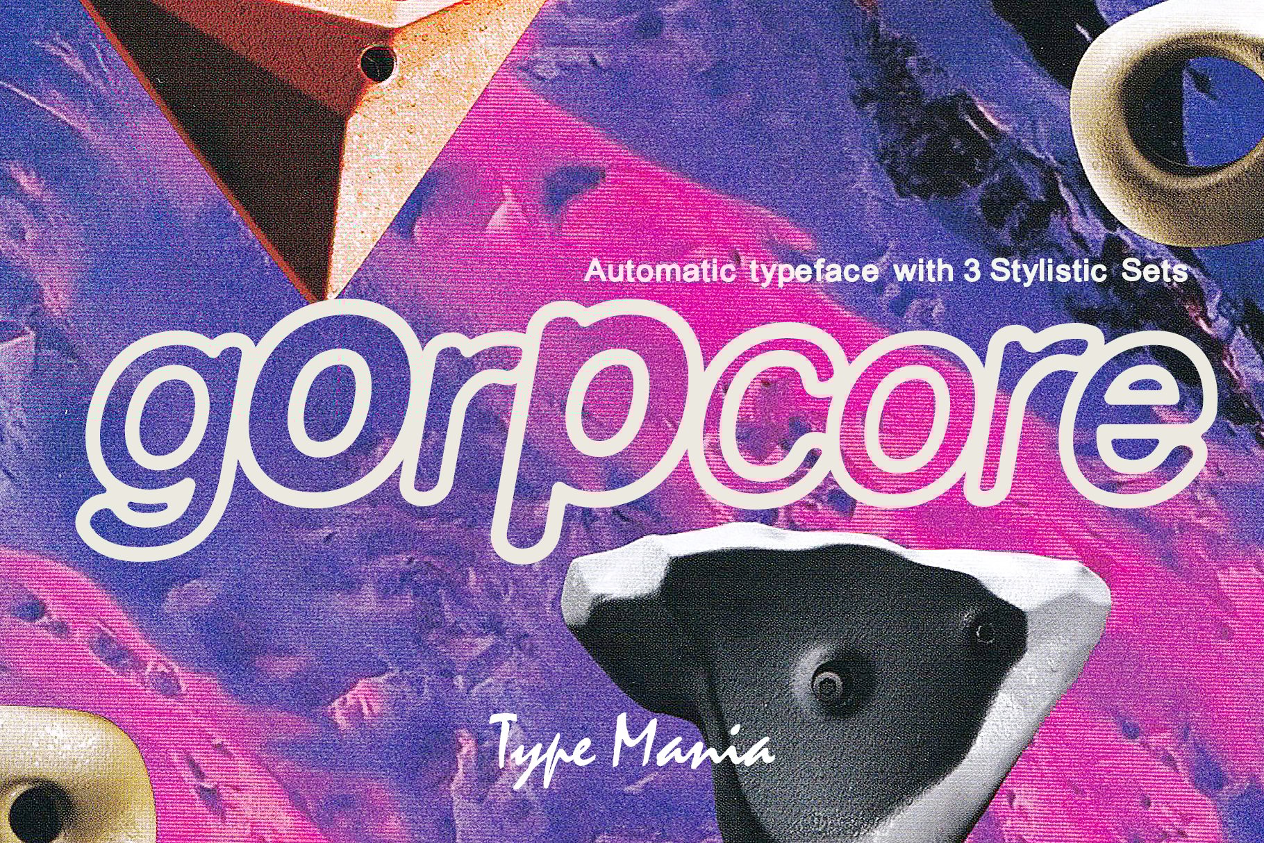 Vintage typeface design titled gorpcore with bold lettering in purple. Perfect for graphic design projects. Automatic typeface with 3 stylistic sets.