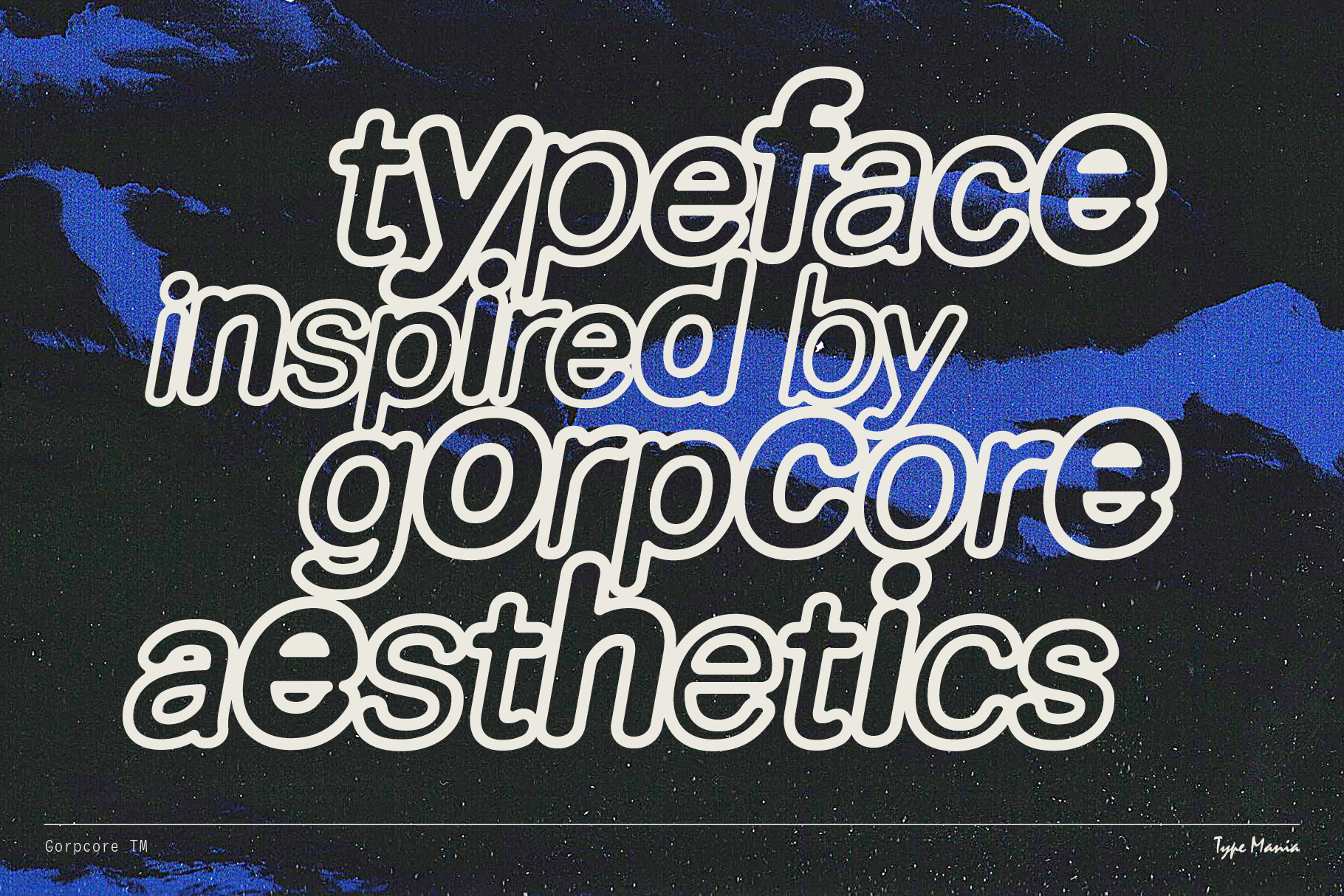 Innovative typeface inspired by gorpcore aesthetics in a bold outline style set against a dark abstract background. Perfect for designers seeking unique fonts.