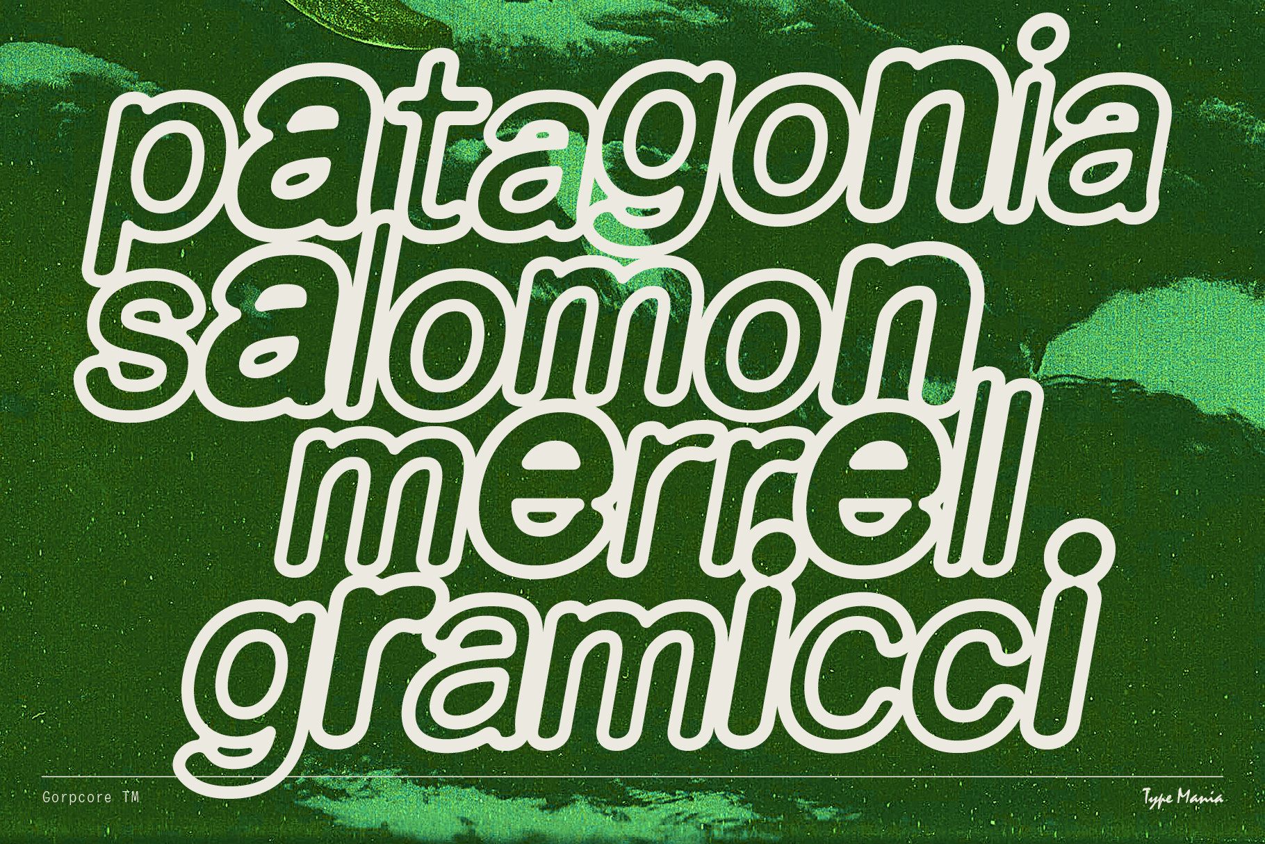 Bold white text overlays a green textured background featuring the words patagonia salomon merrell gramicci. Suitable for font and graphic design projects.