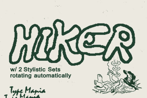 Hiker 29 in textured green letters with 2 rotating style sets, small illustration below