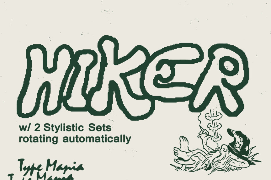 Bold graphic featuring the word Hiker in a retro font with hand-drawn elements and stylized text variations ideal for typography design resources.
