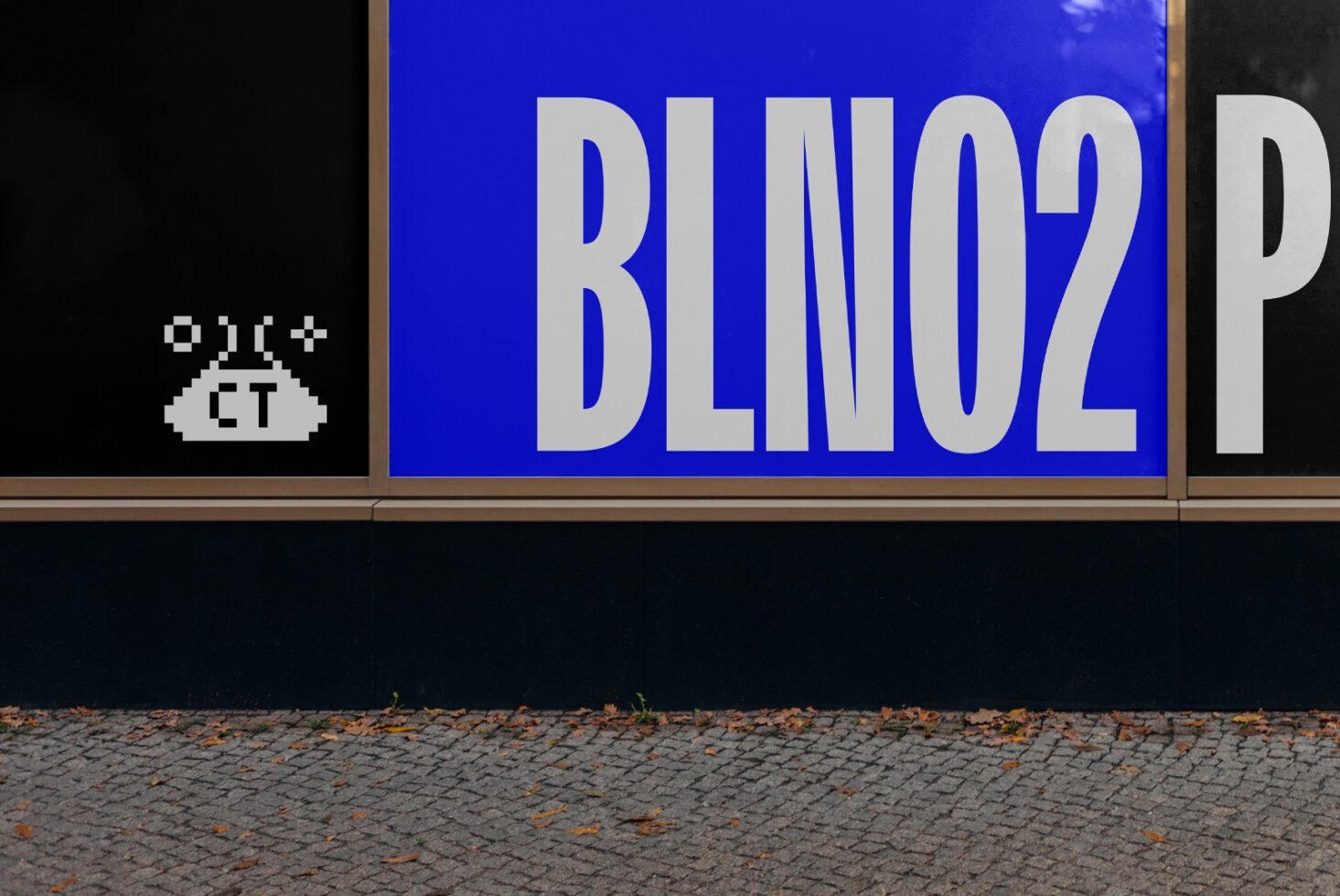 Large bold blue and white letters on a modern sign with digital pixel art. Suitable for graphic design and typography templates. Design asset.